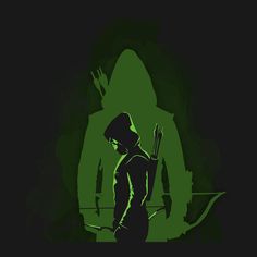 the green arrow is standing in front of a dark background with an arrow on it