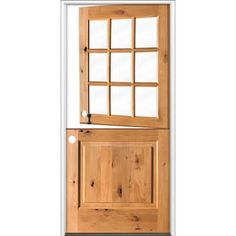 an open wooden door with glass panels