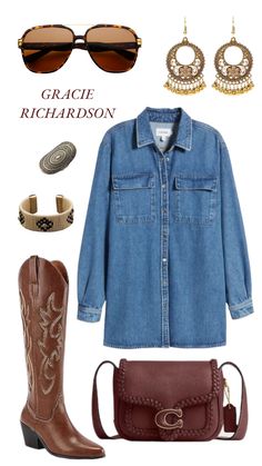 Country Modern Outfits, Cute Rodeo Outfits For Women Winter, Nashville Outfit Inspo Fall, Neutral Boho Outfits, Denim On Denim Cowgirl Outfit, Classic Country Outfits Women, Denim Dress Concert Outfit, Little Big Town Concert Outfit, Neutral Cowgirl Outfit