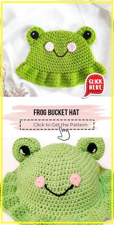 a crocheted frog hat is shown with the text, click to see the pattern