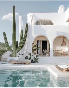 a house with a pool in front of it and a large cactus next to it