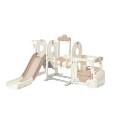 children's wooden play set with slide and climbing frame in white, pink and grey