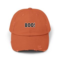 Made with 100% cotton twill for high-end comfort and durability, these quoted "BOO!" distressed hats bring all the style and halloween spirit one needs. The low profile along with the D-ring closure on a self-fabric hideaway strap ensures both proper protection from the sun and that perfect, adjustable fit.  Please note: Small details and letters within 1/2 inch of the seam line should be avoided due to the nature of DTF printing. Small prints may lift from the fabric. Prefer wider logos and images, or ensure text has a sufficient background to improve adhesion. .: 100% cotton twill .: Sewn-in label .: Closure: self-fabric hideaway strap with metal D-ring slider .: Printed using Direct to Film (DTF) technology  .: Please note: Due to a special finishing process, distress and color may vary Boo Quote, Ghost Hat, Cap Cute, Halloween Apparel, Distressed Hat, Embroidered Hat, Dtf Printing, Halloween Spirit, Embroidered Hats