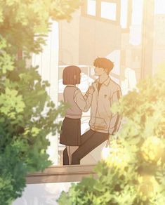 an anime scene with two people sitting on a bench and one person standing next to the other