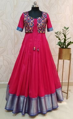 Material: Mangalgiri Long frock. Size: 36″ chest , 56″ length. Back open with zip Long Frock Neck Models For Stitching, Saree One Piece Gown With Jacket, Long Gown With Coat, Coat Long Frocks, New Model Long Frock Designs, Long Frock Ideas With Old Sarees, Long Frock Coat Model, Saree To Frock Models, Saree Made Dresses