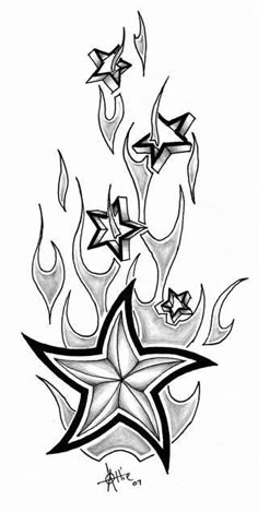 an artistic tattoo design with stars and flames