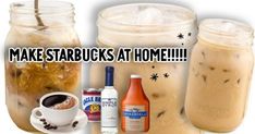 three mason jars with drinks in them and the words make starbucks's at home