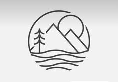 the mountains and trees are depicted in this minimalistic line art logo, which has been created