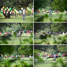 several shots of people in a park with balloons