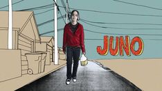 a drawing of a person walking down a street with a sign in the background that says juno