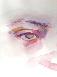 a watercolor painting of an eye with pink and purple colors on the upper part of it