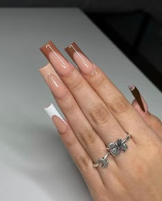 Fall Nail Ideas French Tip, Cute Fall Nails French Tips, Long Brown Nails Acrylic, 2024 Nail Inspo Square, Fall Thanksgiving Nails Acrylic, November Color Nails, Thanksgiving Coffin Nails, Minimalist Thanksgiving Nails, Nails Acrylic November