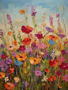 an oil painting of colorful flowers in a field