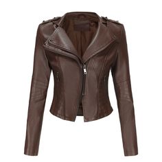 Slim-Fit Collared Leather Jacket for Spring/Autumn - Ivory,XL Fall Faux Leather Outerwear In Solid Color, Fall Faux Leather Outerwear, Brown Leather Jacket With Zipper For Fall, Faux Leather Jacket For Fall, Fitted Faux Leather Outerwear For Fall, Fitted Brown Faux Leather Outerwear, Brown Faux Leather Outerwear For Fall, Monochrome Faux Leather Biker Jacket For Fall, Fall Brown Faux Leather Outerwear