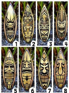 the different types of tiki masks on surfboards are shown in this set of eight images