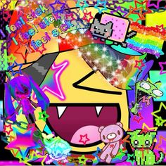 an image of a cartoon character surrounded by stars and other colorful objects on a black background