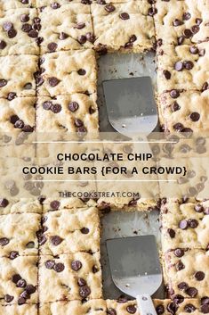 chocolate chip cookie bars for a crowd are cut into squares and placed on top of each other