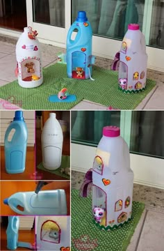 there are many different pictures of toys in the same photo, one has a bottle and another has a cat