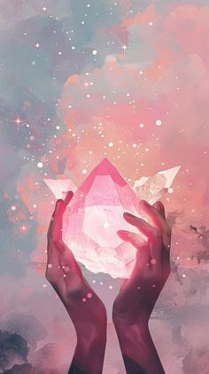 two hands holding a crystal ball in front of a sky filled with stars and clouds