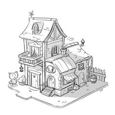 a drawing of a house with a cat on the roof and an animal in front