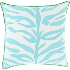 a blue and white pillow with green piping on the front, featuring an animal print