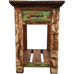 an old wooden side table with peeling paint on the top and bottom shelf, against a white background