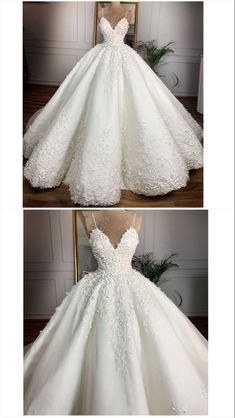 two pictures of a white wedding dress on display