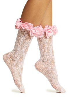 Pretty pink roses trim stretchy lace socks that are destined to make a statement. Acrylic/polyester/spandex Hand wash, dry flat Imported Feminine Fitted Socks For Spring, Fitted Feminine Socks For Spring, Pink Thigh High Socks For Spring, Fitted Lace Trim Socks For Summer, Cute Lace Socks, Summer Lace Trim Fitted Socks, Fitted Lace Trim Winter Socks, Cute Pink Winter Socks, Pink Lace Socks