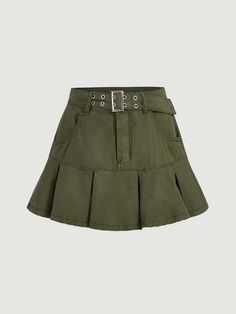 Army Green  Collar  Denim Plain Pleated Embellished Non-Stretch  Women Denim Green Skirts, Flared Denim Skirt, Army Green Skirt, Shein Skirts, Denim Skirt Women, Cute Skirt, Denim Flares