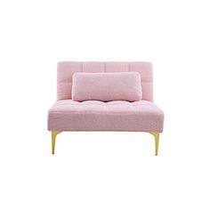 a pink couch with two pillows on the back and one arm resting against it's pillow