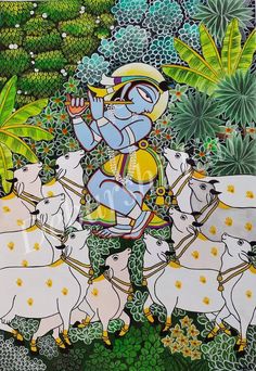 Nagavalli Painting, Kalighat Paintings Folk, Krishna With Cows, Jamini Roy, Phad Painting, Gond Painting, Indian Art Gallery