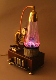 a lamp that is sitting on top of a wooden stand with a clock in the background