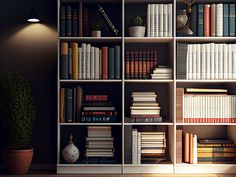 a bookshelf filled with lots of books next to a potted plant