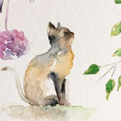 a watercolor painting of a cat and flowers