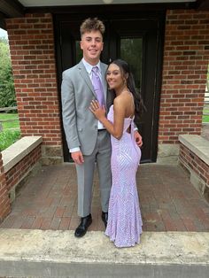 Prom Makeup Looks For Lavender Dress, Lavender Prom Dress With Date, Lavender Prom Dresses Couple, Light Purple Prom Dress Couple, Prom Makeup Lavender, Lavender Prom Couple, Grey Suit Prom, Purple Prom Couple, Prom Suit And Dress