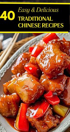 a plate filled with meat and vegetables covered in sauce next to chopsticks on the side