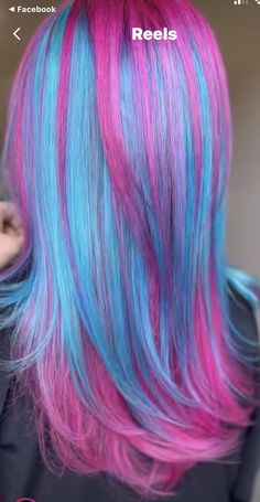 Pink And Blue Streaks In Hair, Pink Hair Blue Highlights, Pink Hair With Blue Highlights, Hair Dye Styles Ideas, Pink And Blue Hair Ideas, Pink Underneath Hair, Blue Hair Streaks, Pink And Blue Hair, Pink Hair Streaks