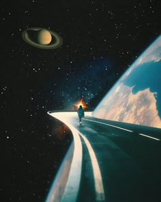 a man walking down a road towards the earth with saturn in the sky behind him