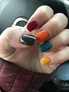 Red Multi Colored Nails, Bright Autumn Nails, Fall Rainbow Nails, Multicolored Nails Fall, Fall Skittle Nails, Colorful Fall Nails, Fall Fingernails, Multi Color Nails, Nail Themes