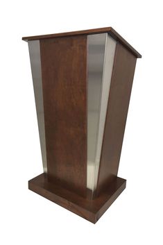 a wooden podium with metal trim around the top