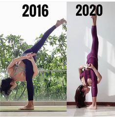 two women doing yoga poses in different positions