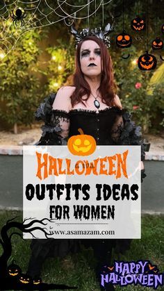 a woman dressed as a witch holding a sign that says, halloween outfits ideas for women