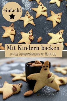 Weihnachtsbäckerei, kleine Ausstechplätzchen sternenförmig mit Mandel in einem Arm und Gesicht aus Schokolade. mit Food Dinner, Cake Cookies, Kids Meals, Christmas Cookies, Cooking And Baking, Christmas Food