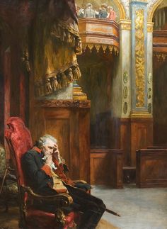 a painting of an old man sitting in a chair