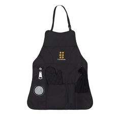 a black apron with two pockets on the front and one pocket in the back that is open