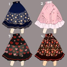 four different skirts with hearts and stars on them