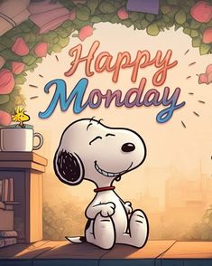 a cartoon dog sitting on top of a table next to a sign that says happy monday