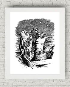 a black and white drawing of two cats in a boat