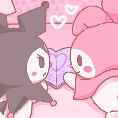 two cartoon characters are touching each other's foreheads in front of a pink background