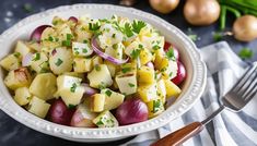 a white bowl filled with potato salad next to some onions and parsley on the side